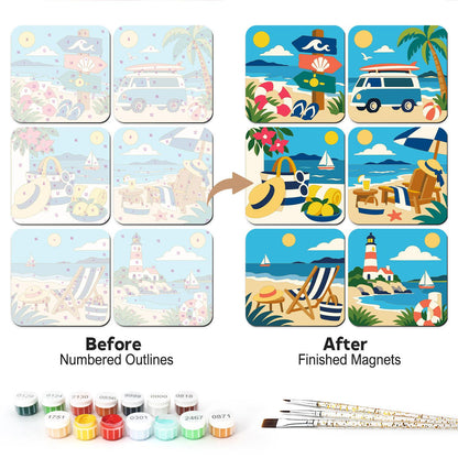 Camper Van Coastal Getaway fridge magnets – Six seaside scenes: beach signpost, camper van, beach bag with hat, parasol and chairs, deckchair and lighthouse