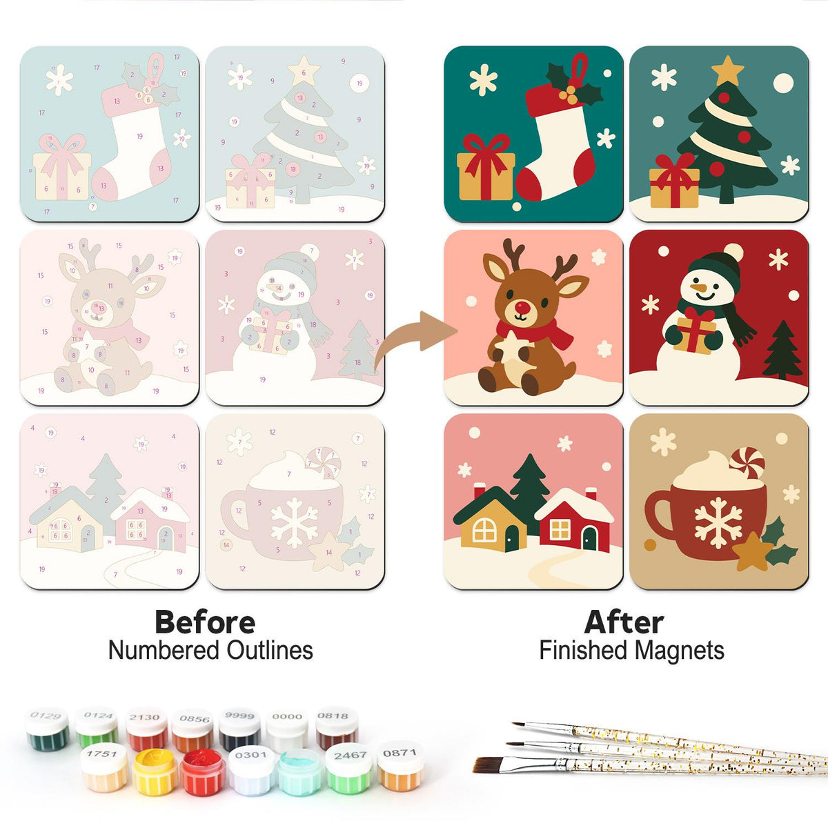 Reindeer and Stocking Cheer fridge magnets – Six Christmas designs on teal, pink and red: stocking, tree, reindeer, snowman, snowy village and cocoa mug