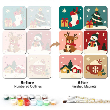 Reindeer and Stocking Cheer fridge magnets – Six Christmas designs on teal, pink and red: stocking, tree, reindeer, snowman, snowy village and cocoa mug