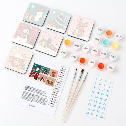 Reindeer and Stocking Cheer fridge magnets – what's in the kit: the 6 magnet tiles, numbered paints, brushes, layout sheet and stickers