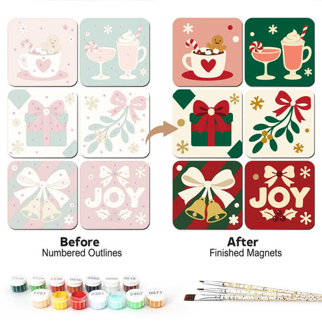 Gingerbread Cocoa and Gift Joy fridge magnets – Six Christmas designs: gingerbread cocoa, candy cane drinks, gift box, mistletoe, ribbon bells and Joy lettering