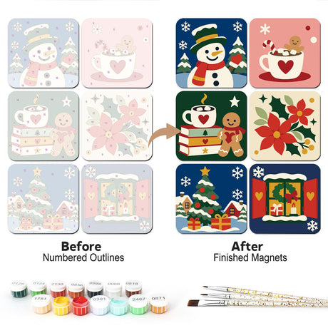 Wreath Window Christmas Eve fridge magnets – Snowy Christmas designs: top-hat snowman, gingerbread cocoa, poinsettia, tree with gifts and a wreath window