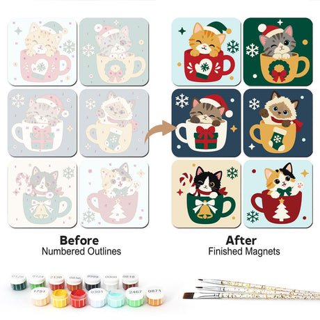 Mug-Snuggled Christmas Kittens fridge magnets – Six kittens in Santa hats peeking from Christmas mugs decorated with hearts, wreaths, bows, bells and trees