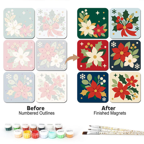 Poinsettia and Holly Blooms fridge magnets – Six Christmas florals: white and red poinsettias, holly with a red bow and Christmas roses on dark grounds