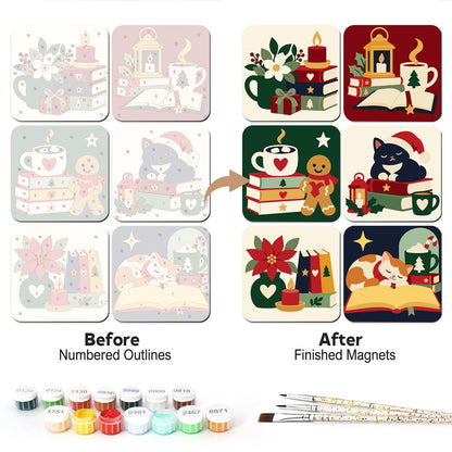 Candlelit Christmas Book Stack fridge magnets – Six cosy Christmas reading scenes: candles, lantern, cocoa on books, cats asleep on books and poinsettia
