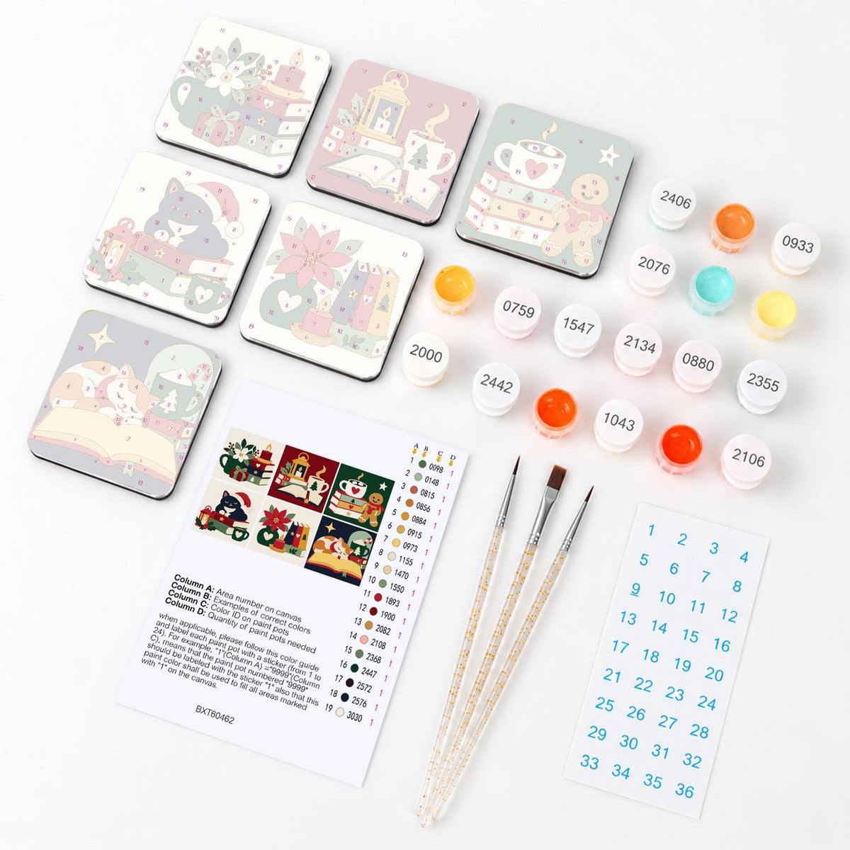 Candlelit Christmas Book Stack fridge magnets – what's in the kit: the 6 magnet tiles, numbered paints, brushes, layout sheet and stickers