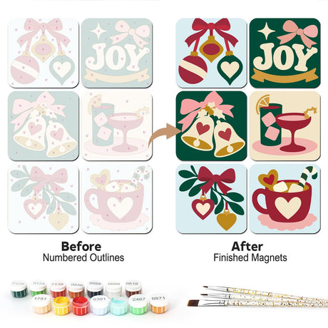 Pink Bow Christmas Hearts fridge magnets – Six Christmas designs with pink bows and hearts: baubles, Joy, bells, festive drinks, mistletoe and cocoa