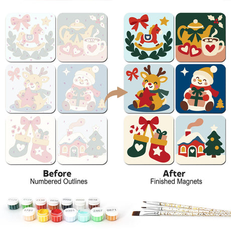 Rocking Horse and Teapot Yule fridge magnets – Six Christmas designs: rocking horse, teapot and cocoa, reindeer with star, snowman, stockings and snowy house