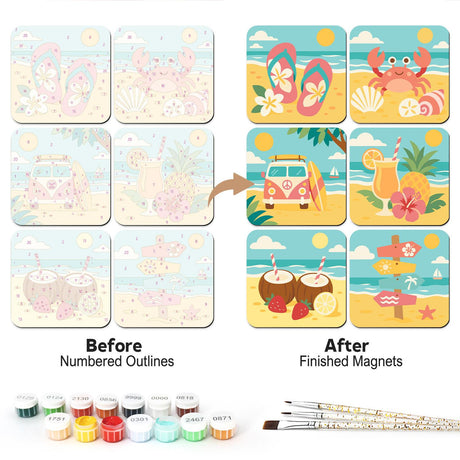 Coconut and Crab Beach Days fridge magnets – Six pastel beach designs: flip-flops, crab, pink camper van, pineapple cocktail, coconut drinks and signpost