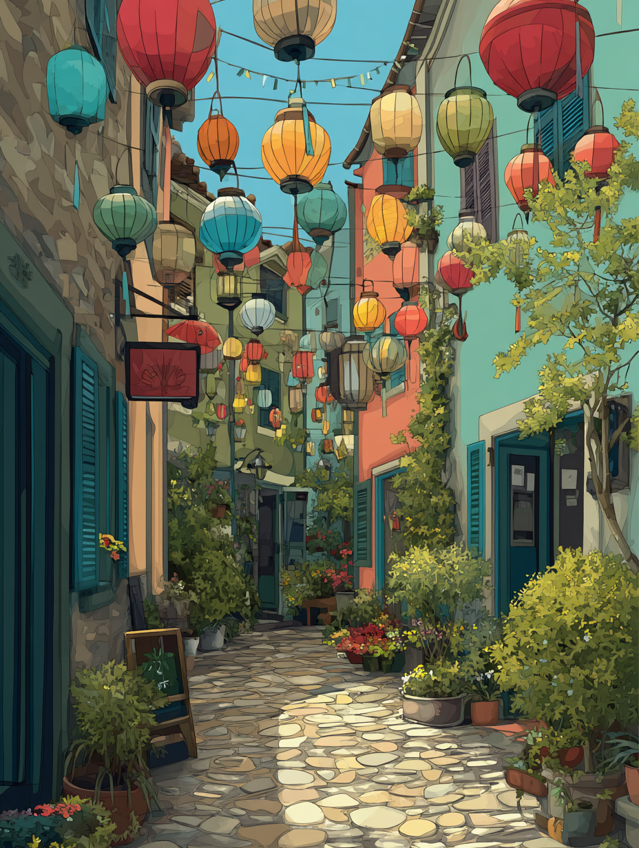 Colorful Lanterns Cobblestone Alley (Diamond Painting) Diamond Painting kit