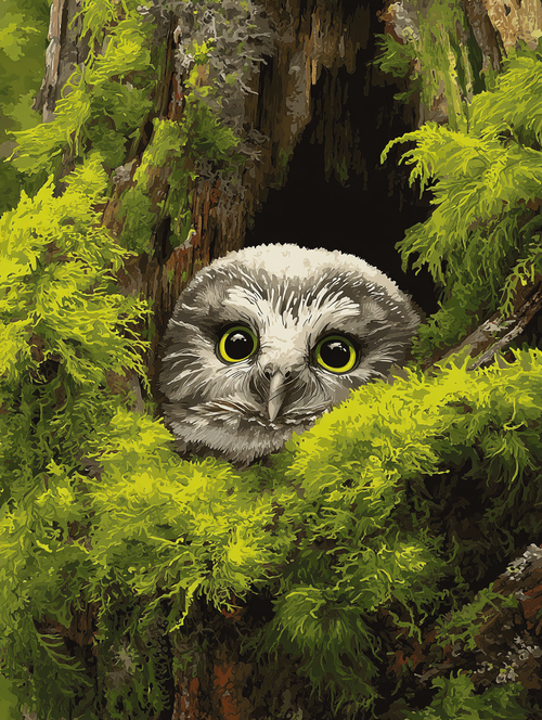 Cute Owl Mossy Nest (Diamond Painting) Diamond Painting kit