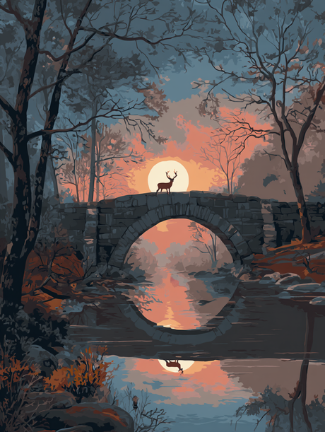 Deer Bridge Sunset Reflection (Diamond Painting) Diamond Painting kit