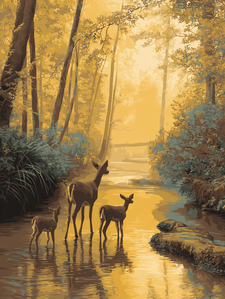 Deer Family Forest Stream (Diamond Painting) Diamond Painting kit