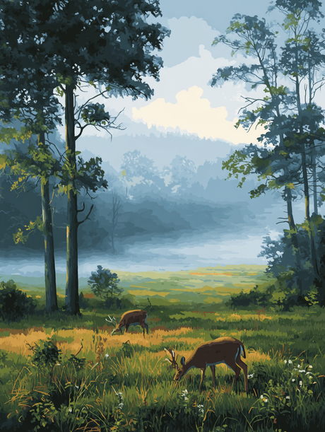 Deer Grazing Misty Meadow (Diamond Painting) Diamond Painting kit