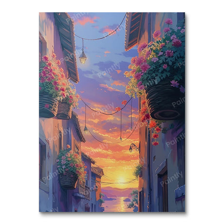 Flower-Adorned Sunset Street (Diamond Painting) Diamond Painting kit
