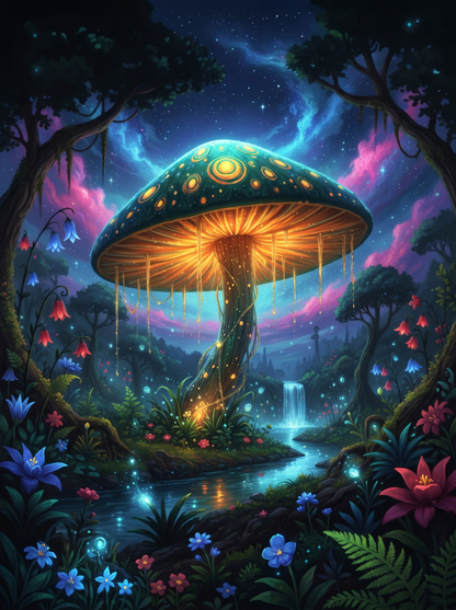 Glow Mushroom, Waterfall Night (Paint by Numbers)