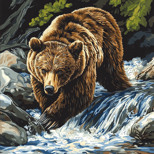 Grizzly Bear Rushing Stream (Paint by Numbers)