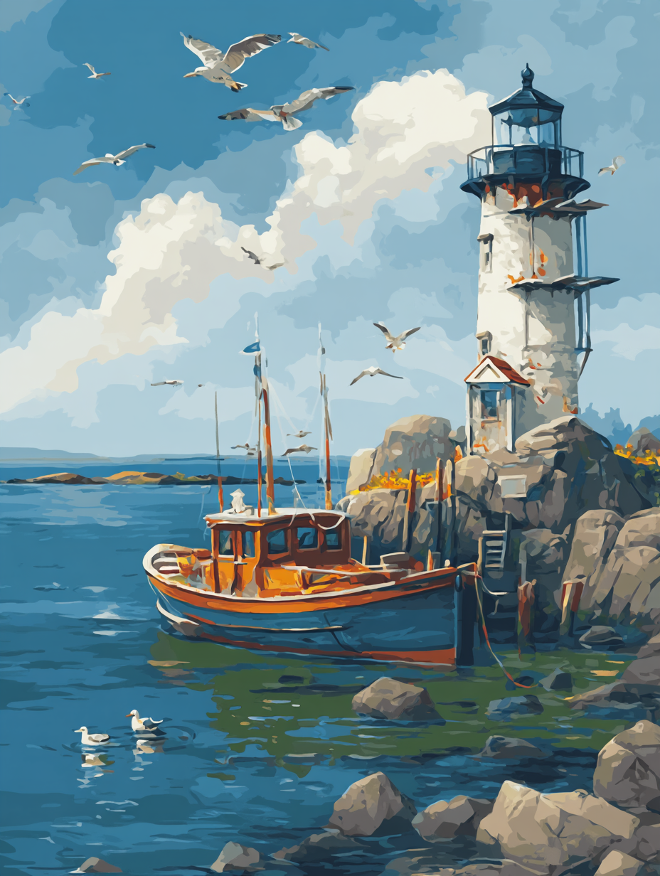 Lighthouse Coastal Boat Scene (Diamond Painting) Diamond Painting kit