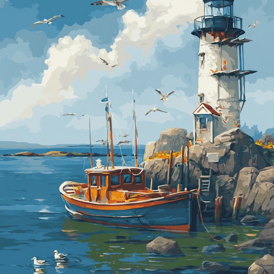 Lighthouse Coastal Boat Scene (Paint by Numbers)