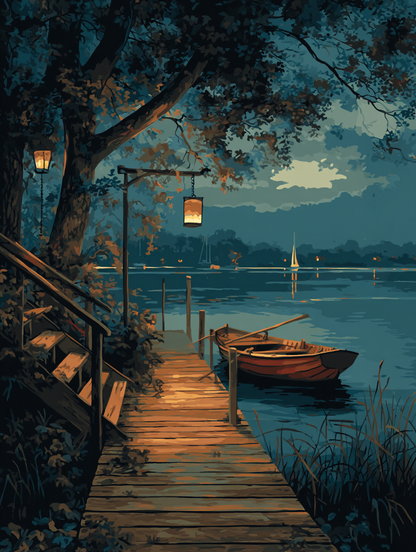 Moonlit Dock Lakeside Boat (Paint by Numbers)