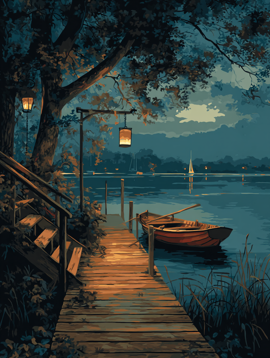 Moonlit Dock Lakeside Boat (Paint by Numbers)