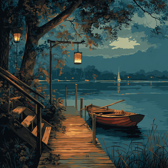 Moonlit Dock Lakeside Boat (Paint by Numbers)