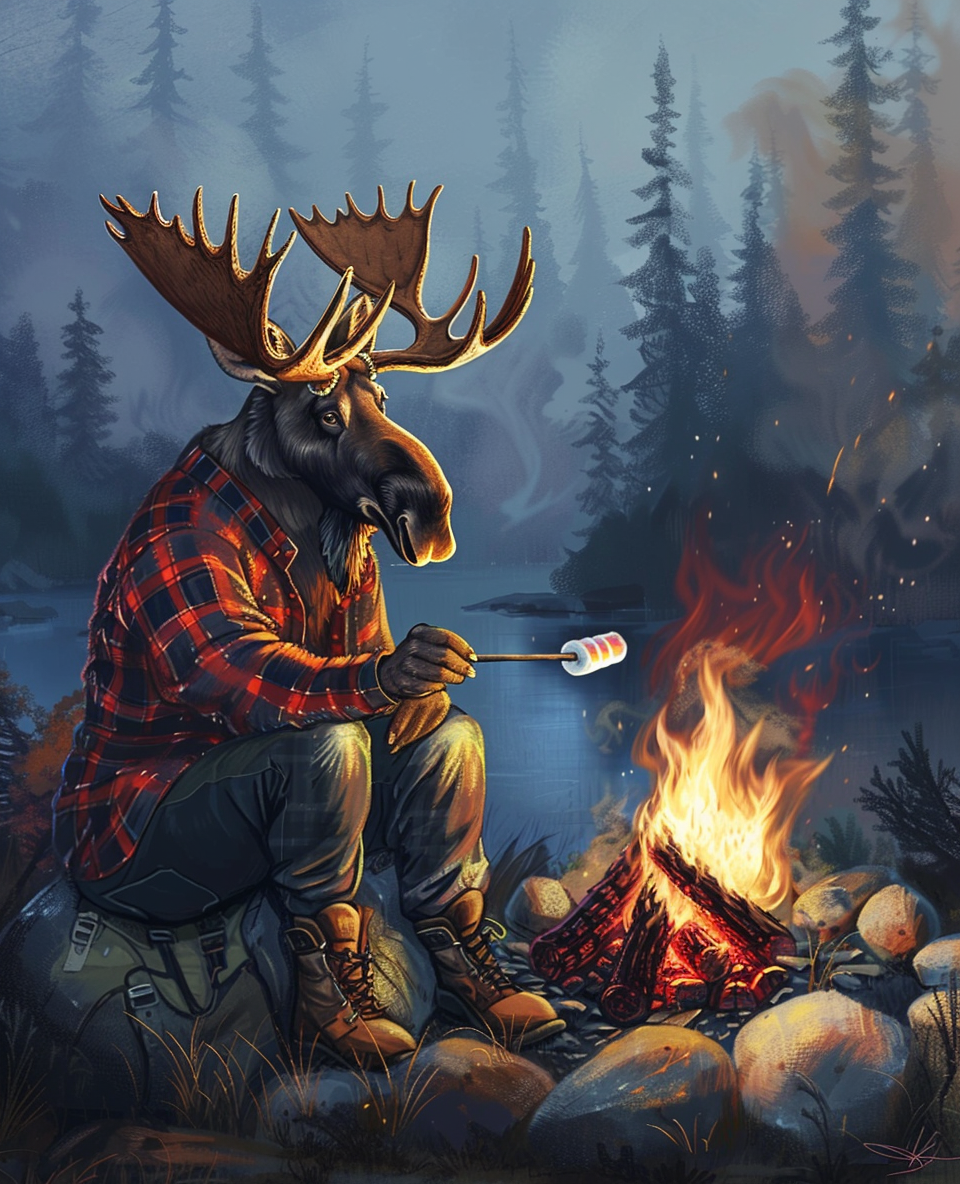 Moose Roasting Marshmallows at Campfire (Paint by Numbers)