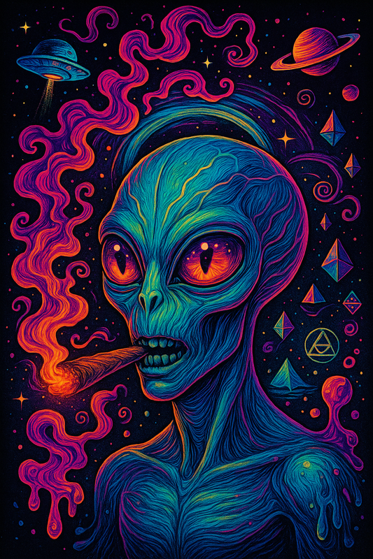 Alien with UFO and Planets