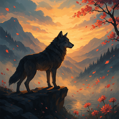 Wolf on Cliff at Sunset (Diamond Painting) Diamond Painting kit