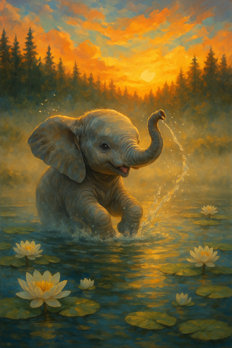 Baby Elephant in Lily Pond at Sunset (Diamond Painting) Diamond Painting kit