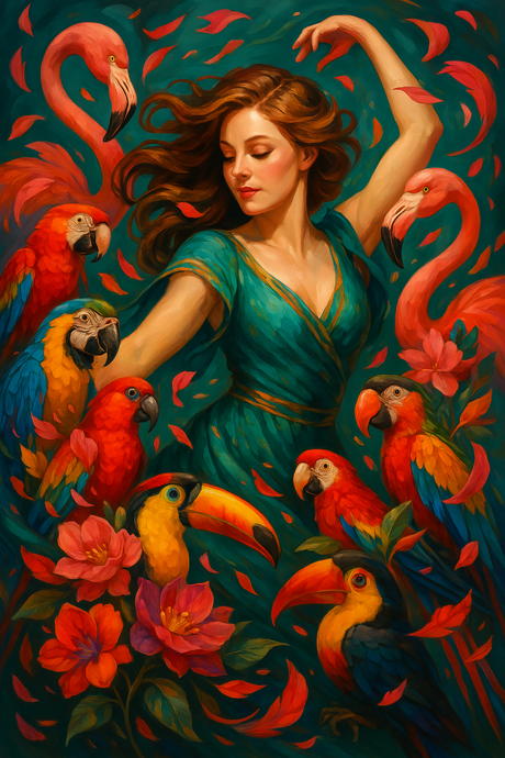 Jungle Muse with Parrots and Flamingos (Diamond Painting) Diamond Painting kit