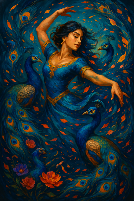 Floral Peacock Dance with South Asian Muse (Diamond Painting) Diamond Painting kit