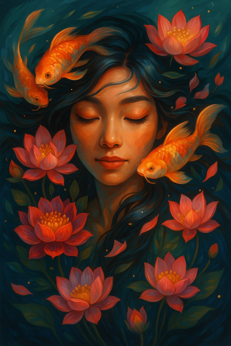 East Asian Woman with Koi and Lotus (Diamond Painting) Diamond Painting kit