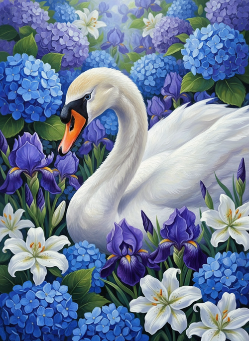 Swan Amongst Iris and Lily