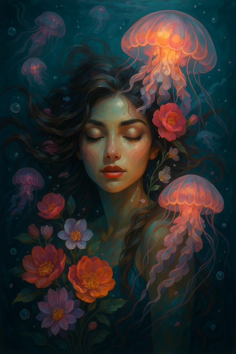 Dreaming Woman with Jellyfish and Flowers (Diamond Painting) Diamond Painting kit