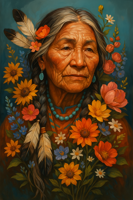 Indigenous Elder with Feathers and Wildflowers (Diamond Painting) Diamond Painting kit