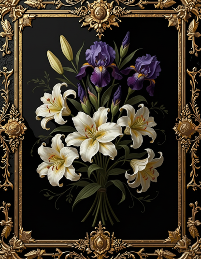 White Lilies & Purple Iris, Gold Frame