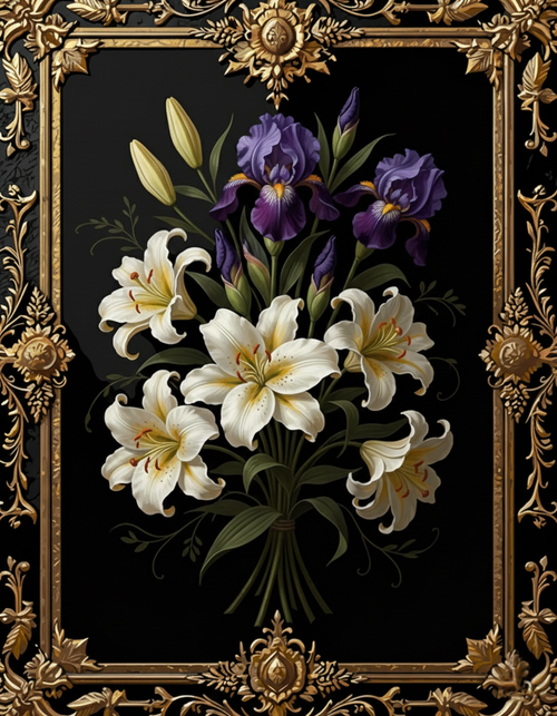 White Lilies & Purple Iris, Gold Frame