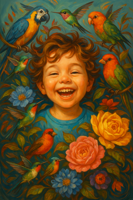 Laughing Child with Tropical Birds (Diamond Painting) Diamond Painting kit