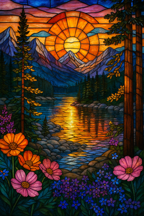 Stained Glass Mountain Dawn (Diamond Painting) Diamond Painting kit