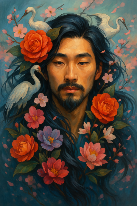Japanese Man Among Blossoms (Diamond Painting) Diamond Painting kit