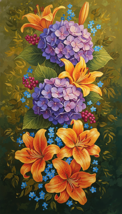 Orange Lilies & Purple Hydrangea