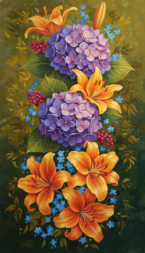 Orange Lilies & Purple Hydrangea