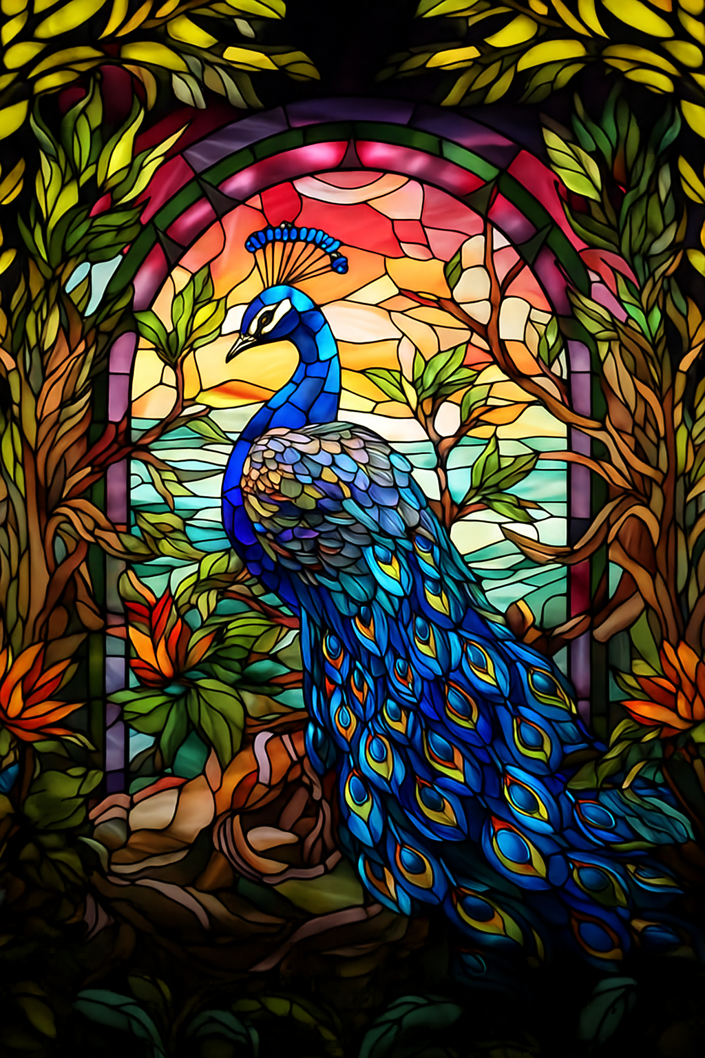 Stained Glass Vibrant Peacock