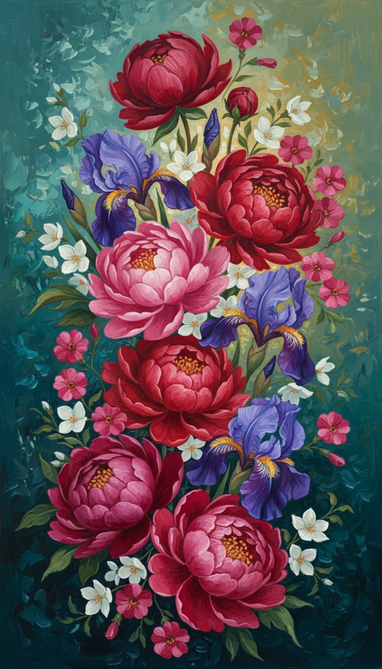 Peony & Iris, Teal Cascade