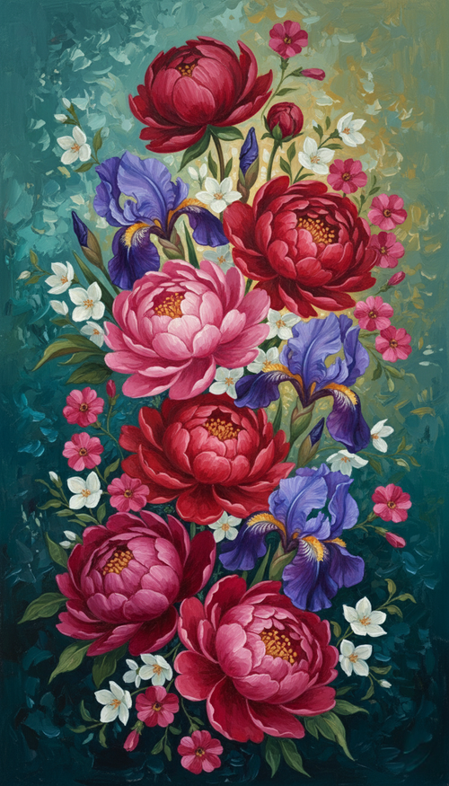 Peony & Iris, Teal Cascade