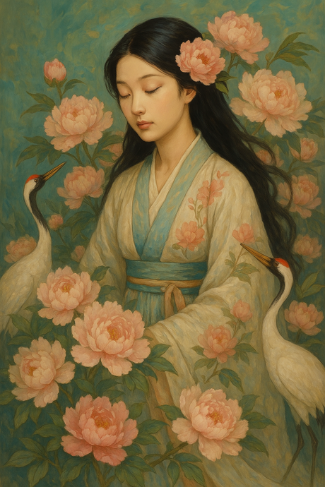 Woman in Kimono amidst Cranes and Blossoms (Diamond Painting) Diamond Painting kit