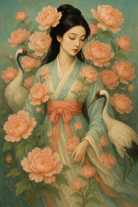 East Asian Woman with Cranes and Peonies (Diamond Painting) Diamond Painting kit