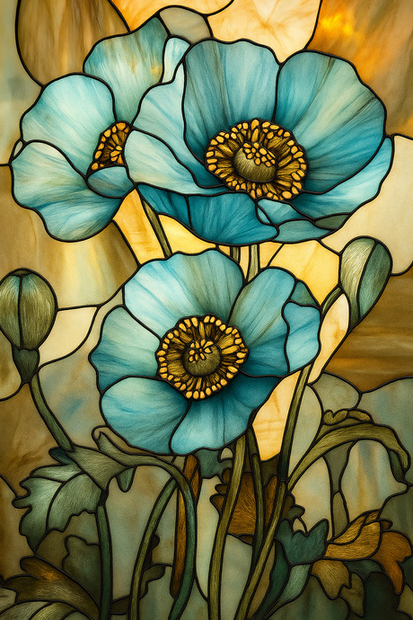 Stained Glass Blue Poppies (Diamond Painting) Diamond Painting kit