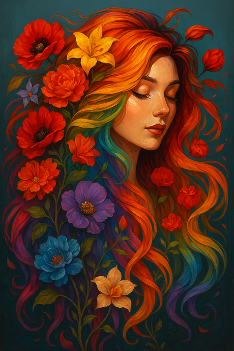 Rainbow Hair Woman with Flowers (Diamond Painting) Diamond Painting kit